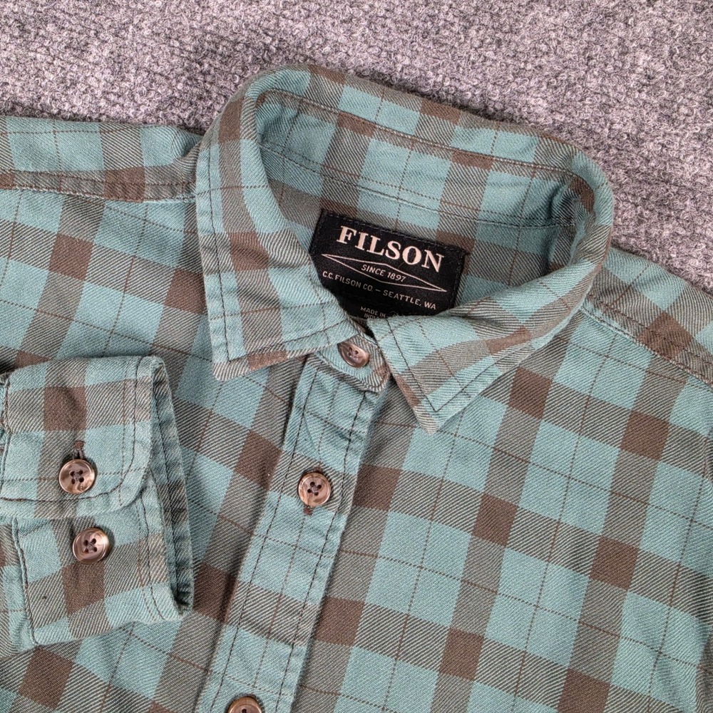 Filson Flannel Shirt Womens S Teal Brown Plaid Long Sleeve Button Up